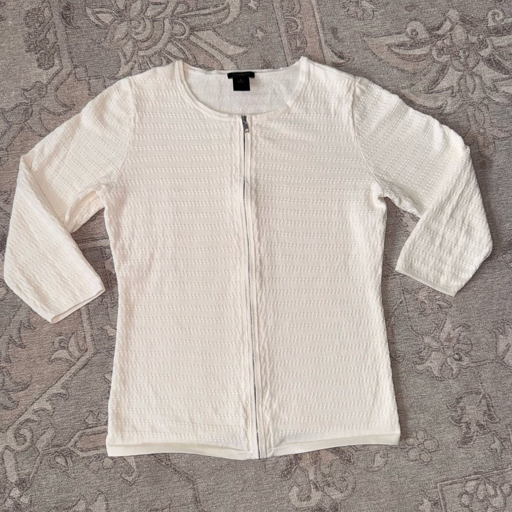 Ann Taylor White Textured Zip-Up Cotton Cardigan Quarter Sleeve